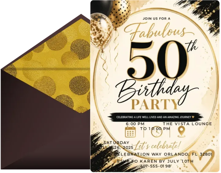 Black and gold fabulous 50th birthday invitation with its envelope