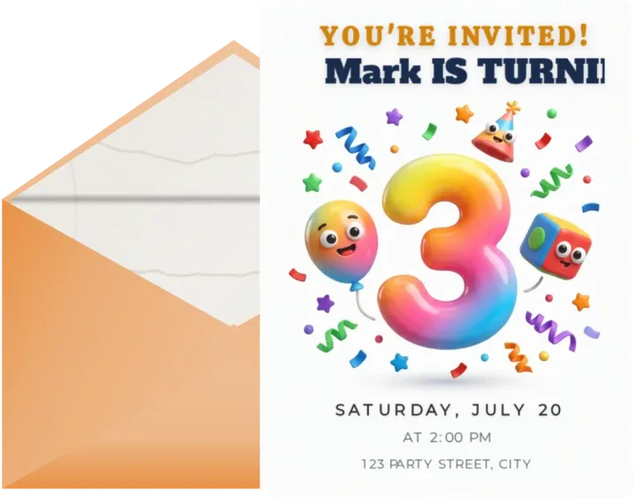 Rainbow third birthday invitation for Mark with its envelope