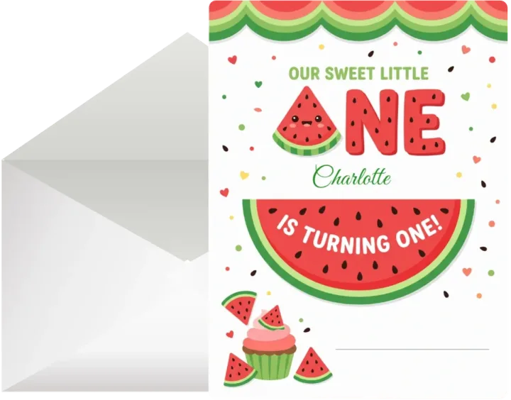 One in a melon first birthday invitation with its envelope