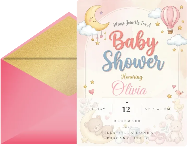 Pink watercolor baby shower invitation for Olivia with its envelope