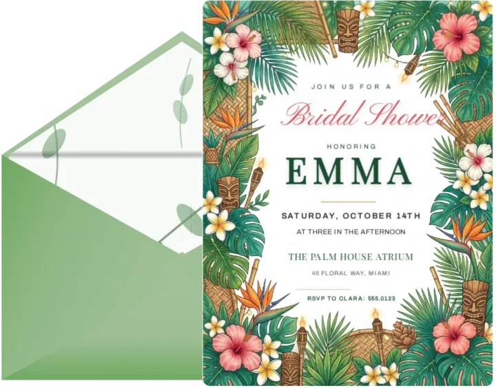 Tropical bridal shower invitation for Emma with its envelope