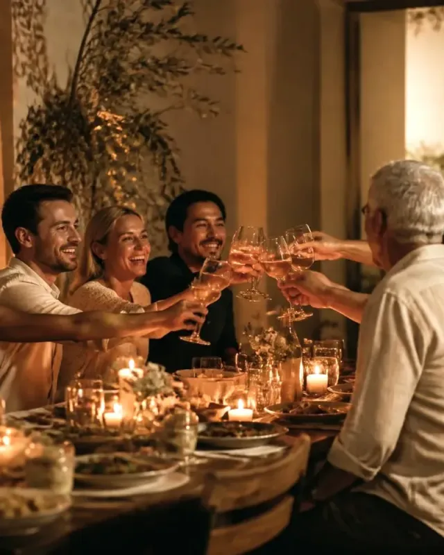 Friends toasting across a candlelit dinner table