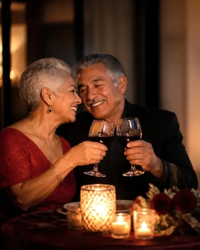 An older couple laughing and clinking glasses by candlelight