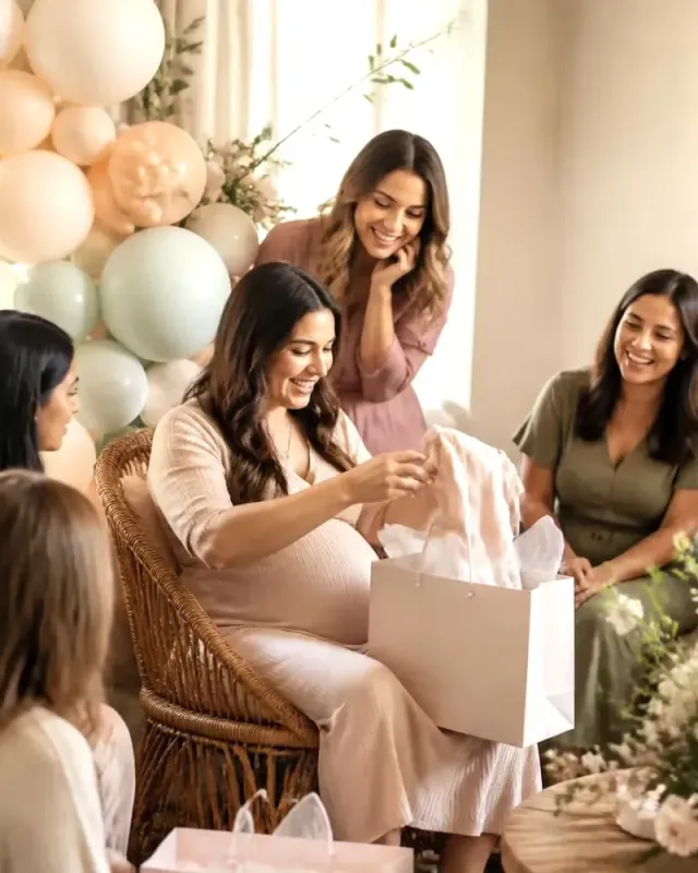 An expectant mother opening a gift bag among smiling friends at her baby shower