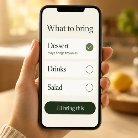 A phone showing a potluck list with dessert claimed