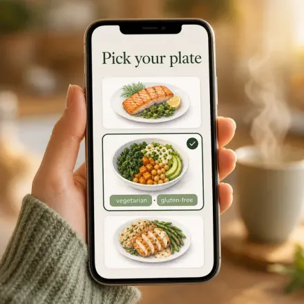 A phone showing three dish choices with dietary chips