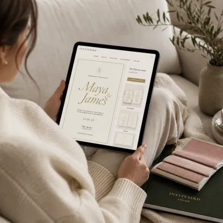 Choosing an InviteBird invitation design on a tablet over coffee