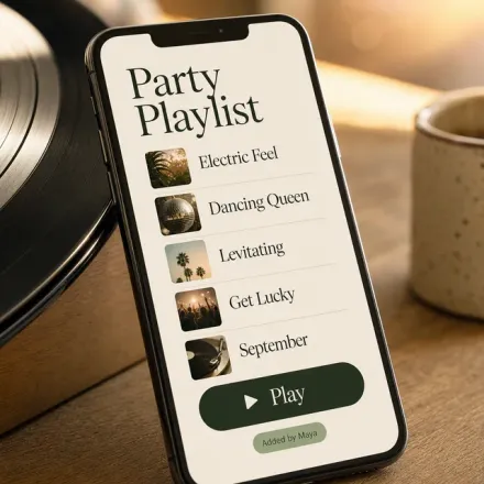 A phone leaning on a vinyl record showing the party playlist