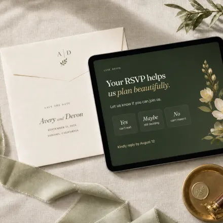 A tablet showing live RSVP replies beside a wedding envelope