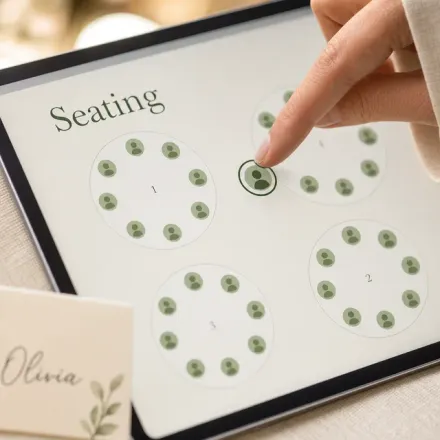 A finger arranging guests on a digital seating chart beside a place card