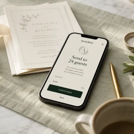 A phone showing the InviteBird send confirmation beside a paper invitation