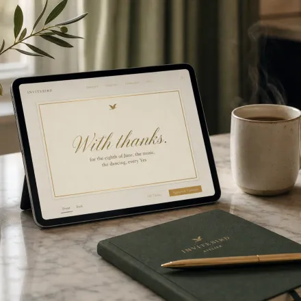 A tablet showing the matching thank-you card the morning after