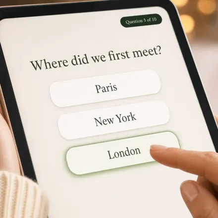 A tablet trivia question asking where the couple first met