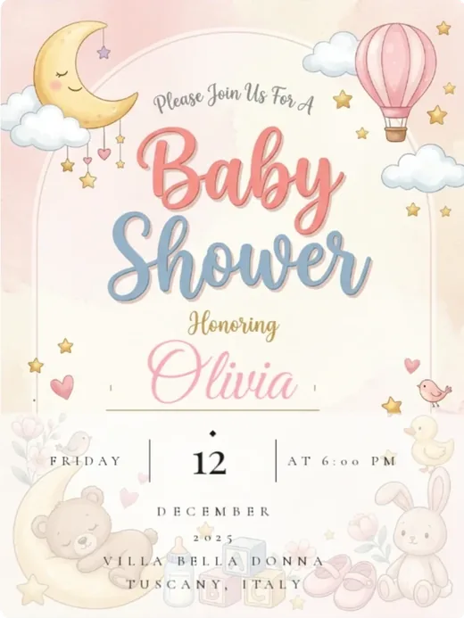 Baby shower invitation with pink watercolor clouds and a hot-air balloon
