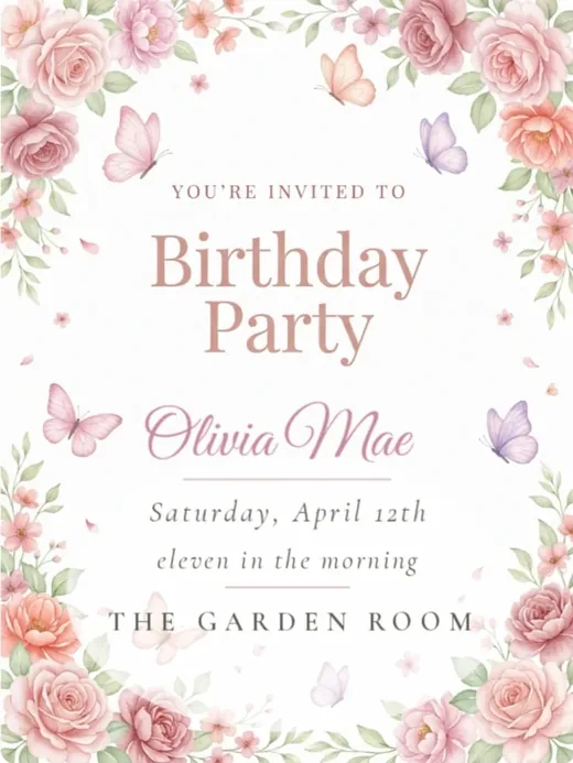 Birthday invitation framed with blush roses