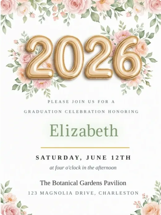 Graduation invitation with rose-gold 2026 balloons