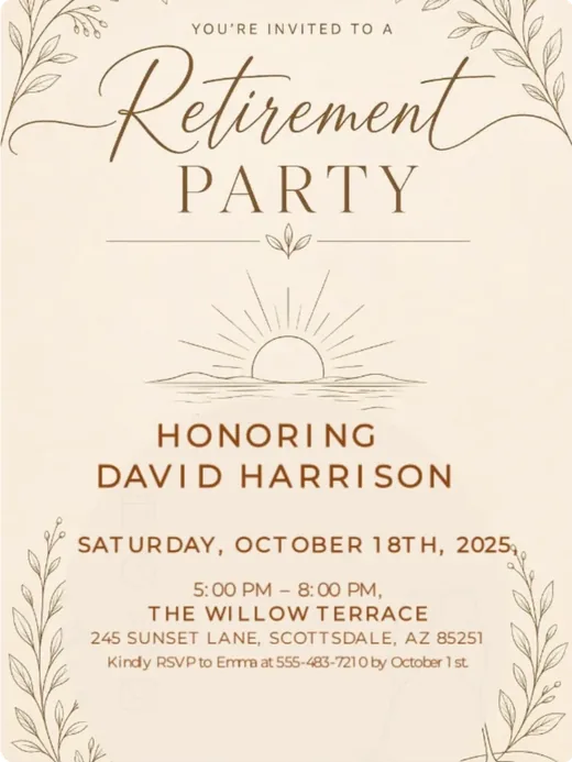 Cream retirement party invitation in script lettering