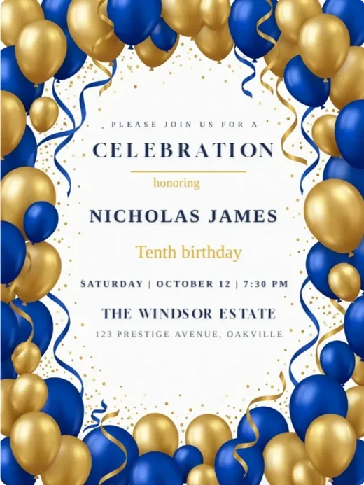 Celebration invitation framed with navy and gold balloons