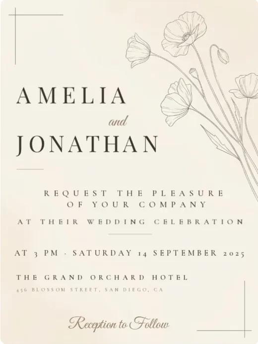 Cream wedding invitation with fine-line botanicals