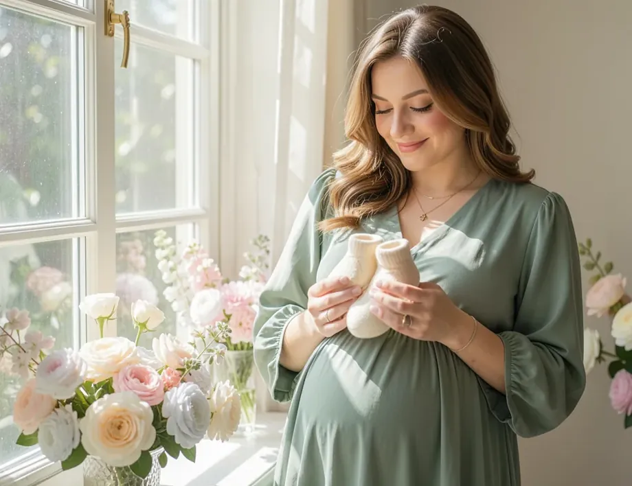 An expectant mother in a sage dress smiling down at a pair of tiny cream booties