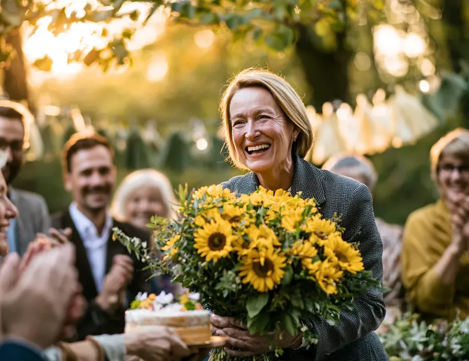 A smiling woman holding a bunch of sunflowers as friends applaud in a garden