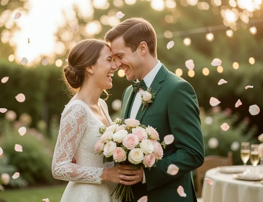 A bride and groom laughing forehead to forehead as rose petals fall